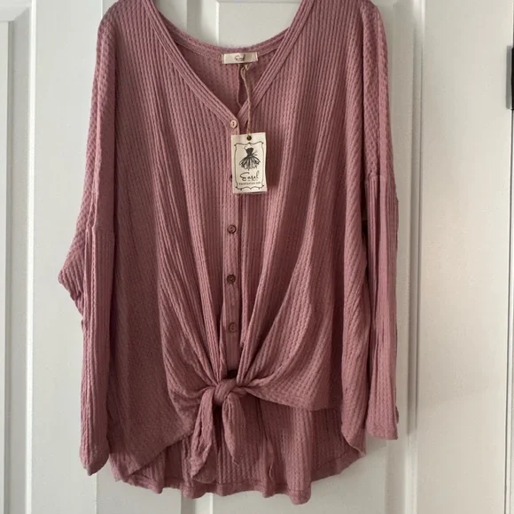 NWT Waffle Knit Tie Top in Wine - Picture 5 of 8